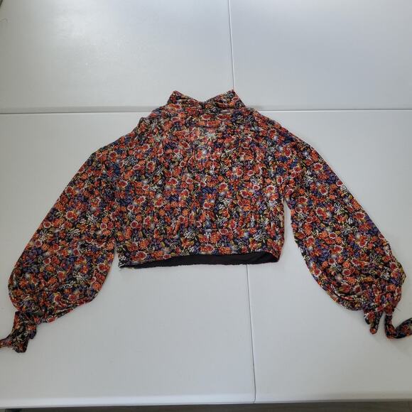 Free People Blouse Womens Medium Black Floral Sheer Mesh Long Sleeve Ruffle Neck - Picture 2 of 8